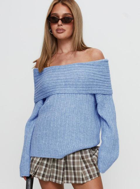 Snowie Off Shoulder Knit Sweater Blue Product Image