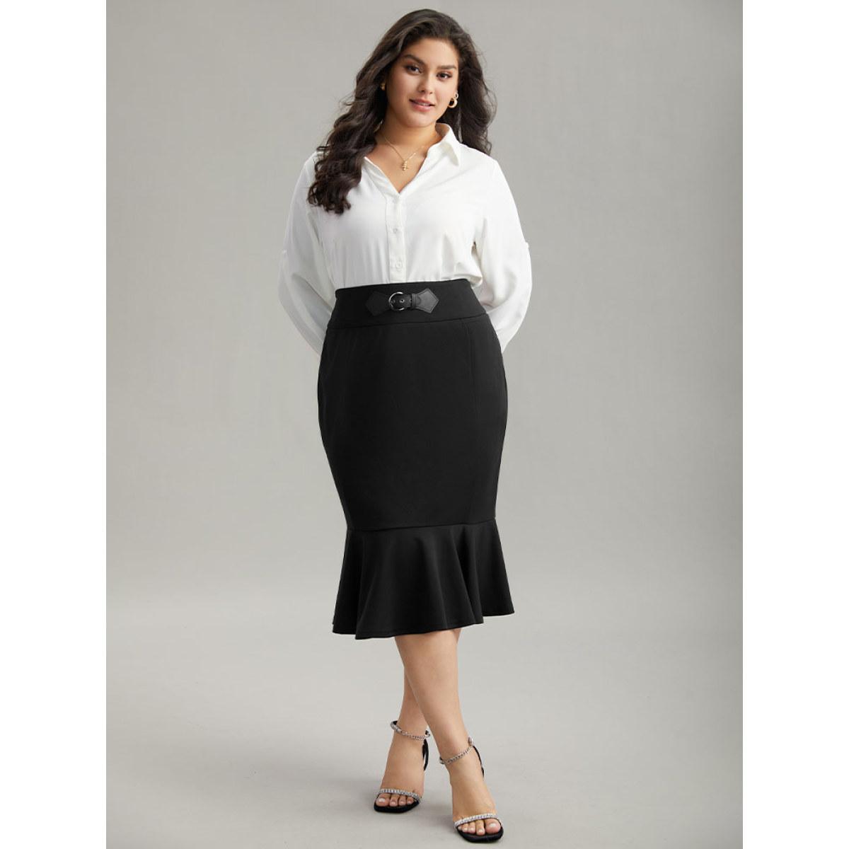 Plus Size Plain Ruffles Buckle Detail Mermaid Hem Skirt Women Black Office Style accents Bodycon Medium stretch Work Skirts BloomChic 26/4X Product Image