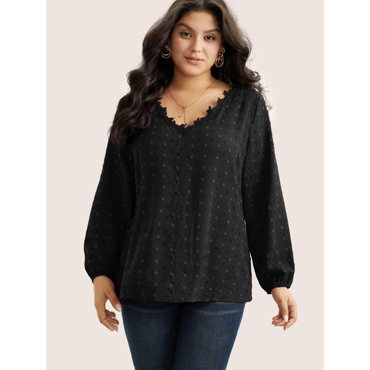 Plus Size Black Plisse Eyelet Lace Elastic Cuffs Blouse Women Elegant Long Sleeve V-neck Everyday Blouses BloomChic 14-16/1X Product Image