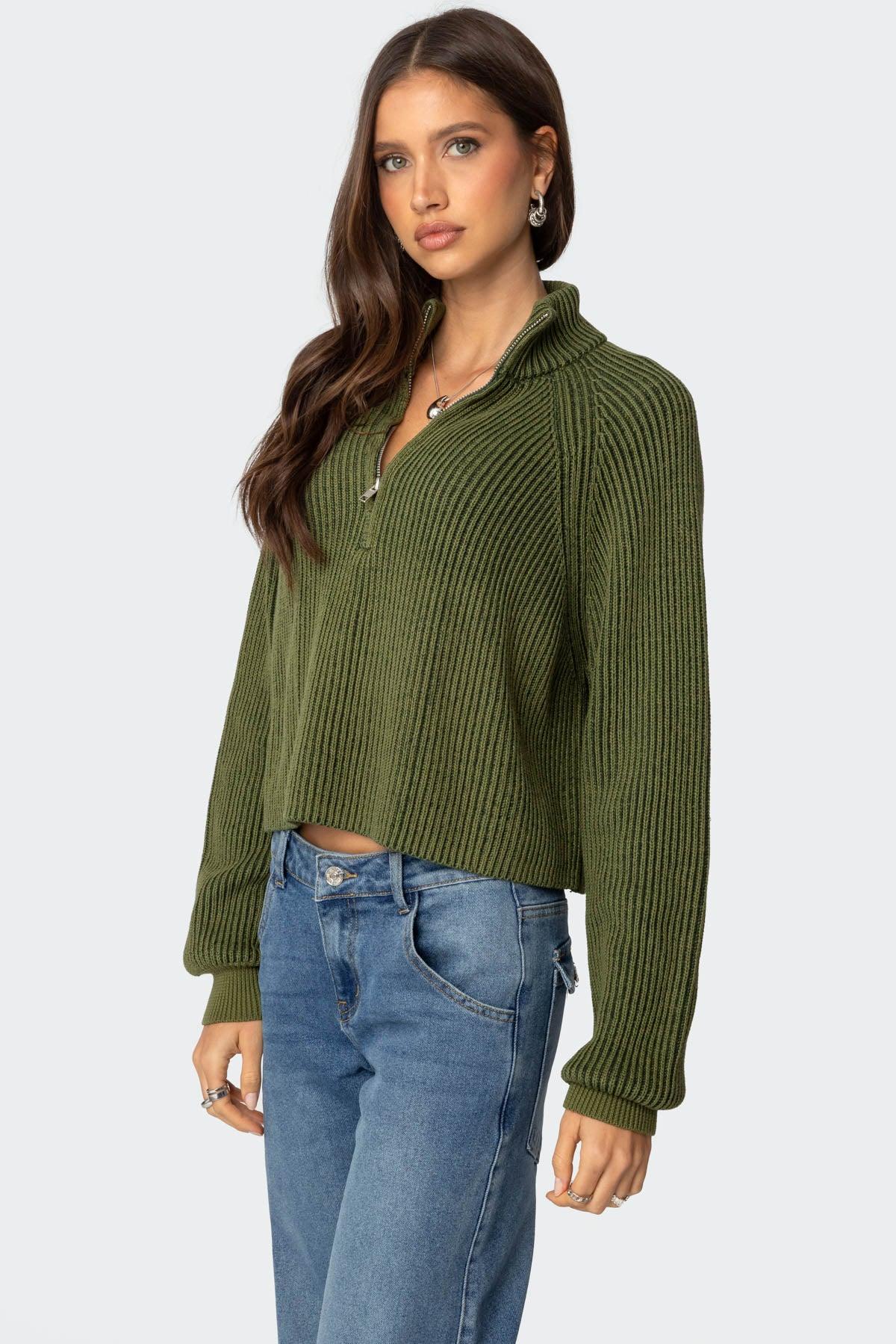 Cropped Rib Knit Half Zip Sweater Product Image