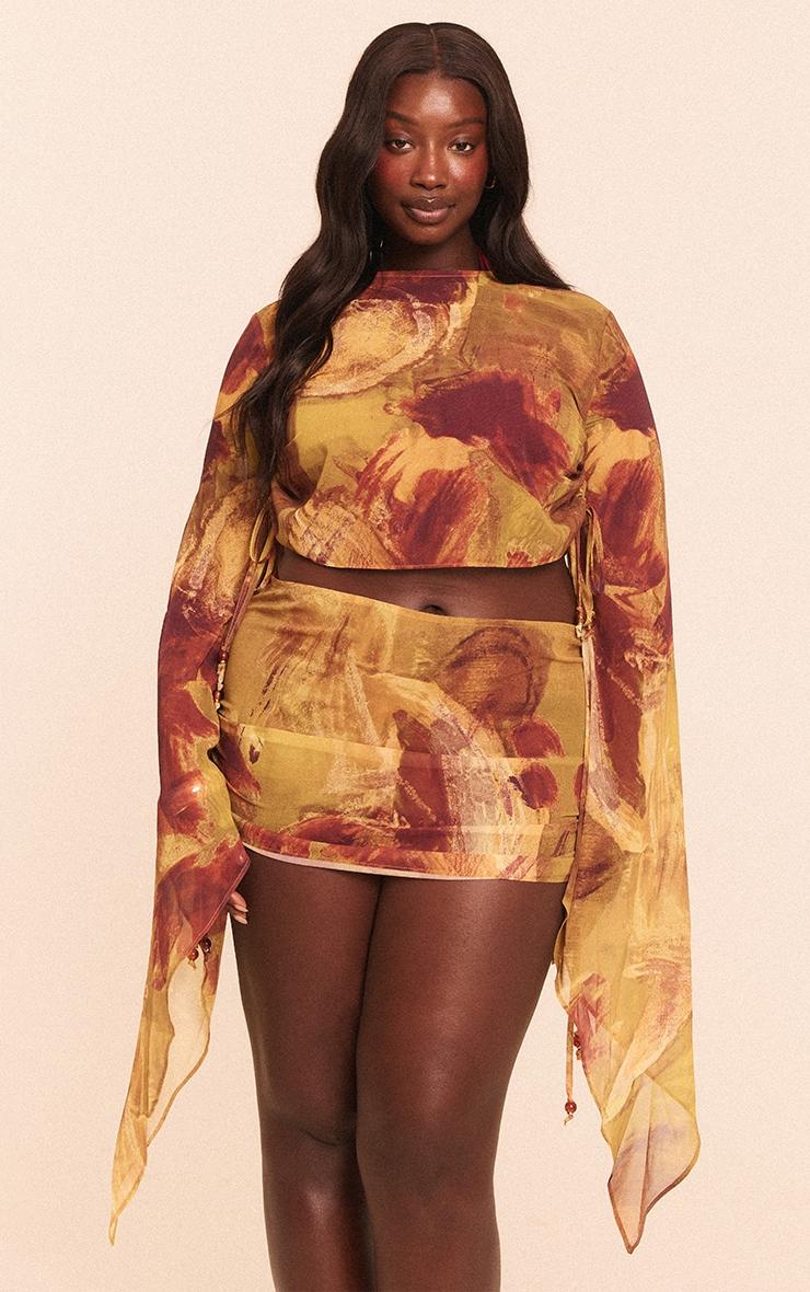 Plus Green Abstract Print Bead Trim Chiffon Beach Skirt Product Image