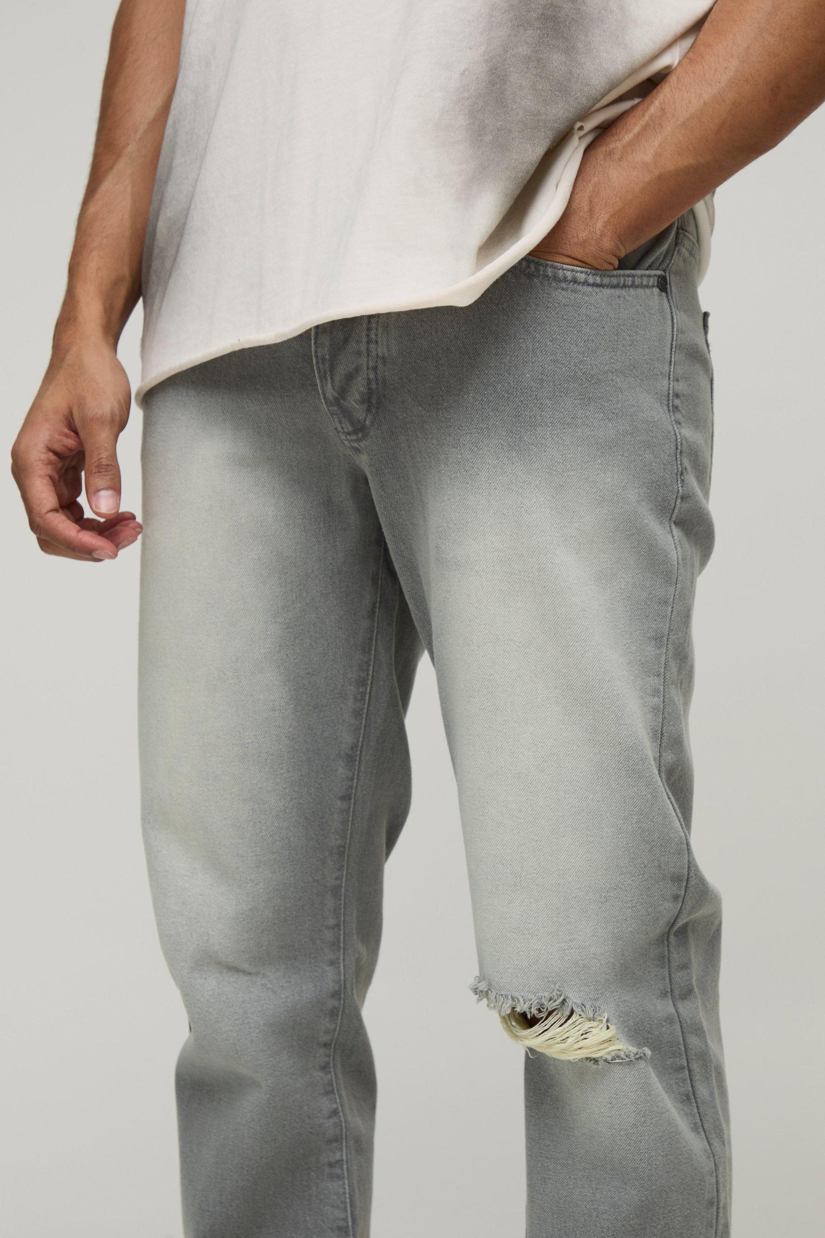 Straight Fit Ripped Knee Vintage Grey Jeans | boohooMAN USA Product Image