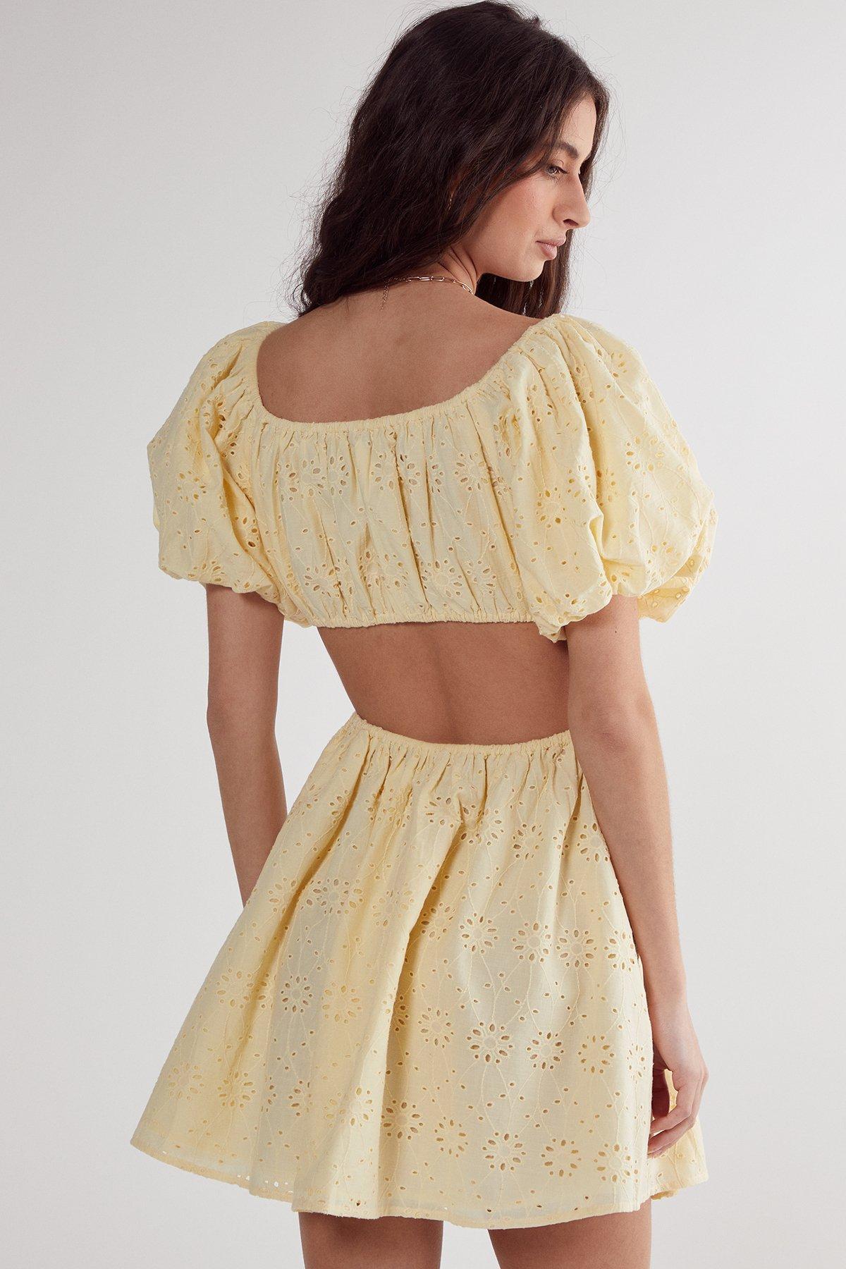 Broderie Cut Out Tie Front Puff Sleeve Skater Dress Product Image