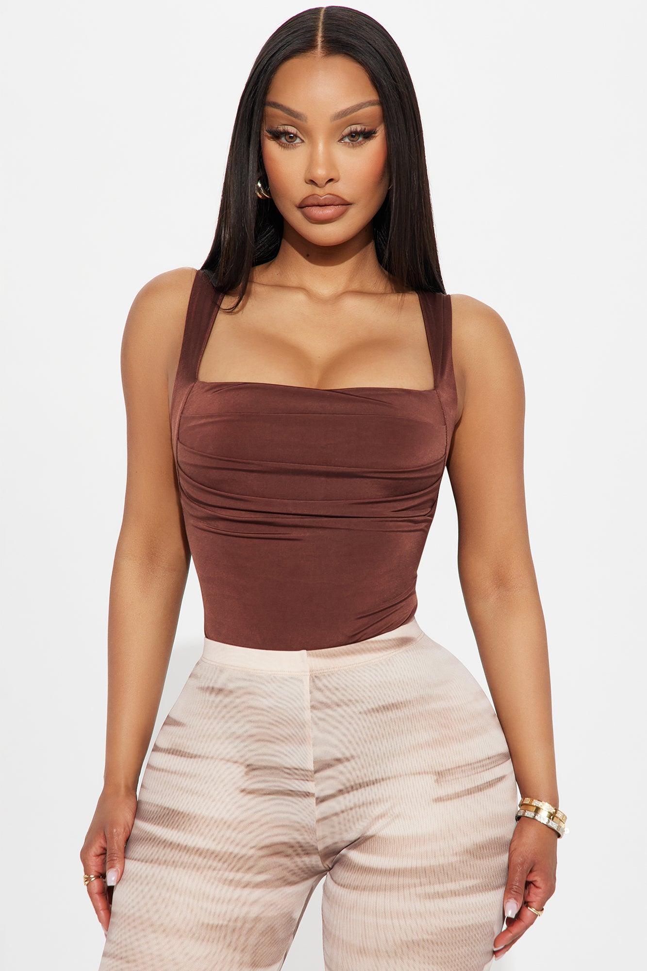 Cute Demeanor Square Neck Ruched Bodysuit - Chocolate Product Image