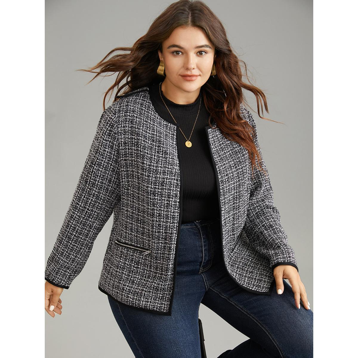 Plus Size Tweed Pocket Button Detail Jacket Women Black Lined Pocket Office Jackets BloomChic 10/M Product Image