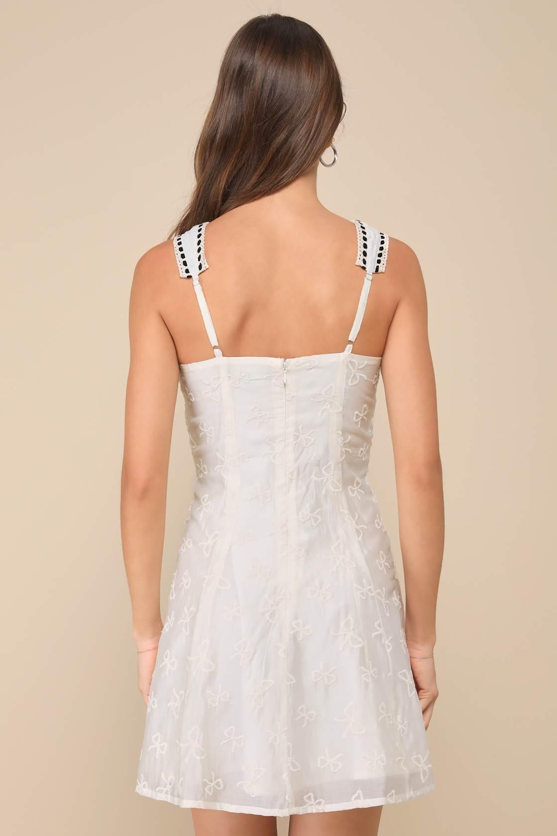 Lovely Affection Ivory Bow Embroidered Crochet Trim Mini Dress Product Image