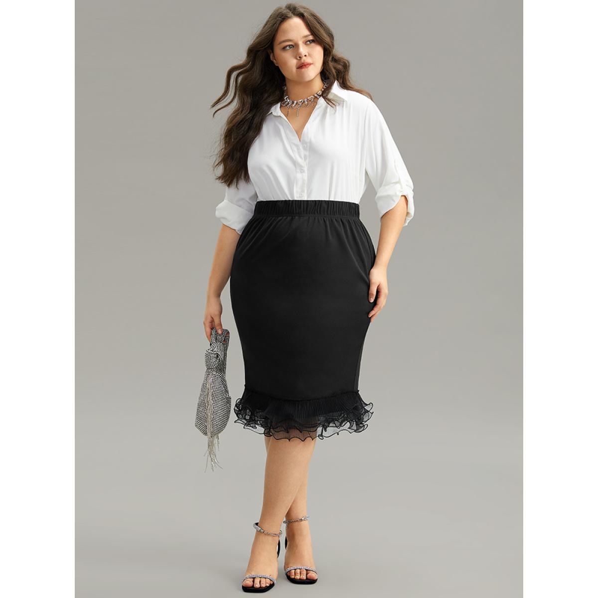 Plus Size Guipure Lace Ruffles Split Hem Bodycon Skirt Women Black Glamour Plain Bodycon Medium stretch Festival-Christmas Skirts BloomChic 10/M Product Image