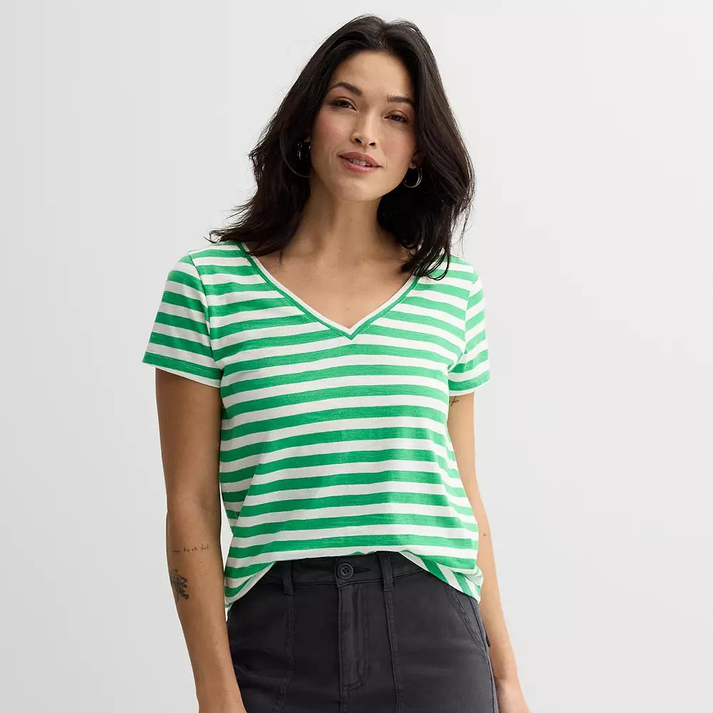Petite Sonoma Goods For Life® Everyday Short Sleeve V-Neck Tee, Women's, Size: Large Petite, Bright Green Stripe Product Image