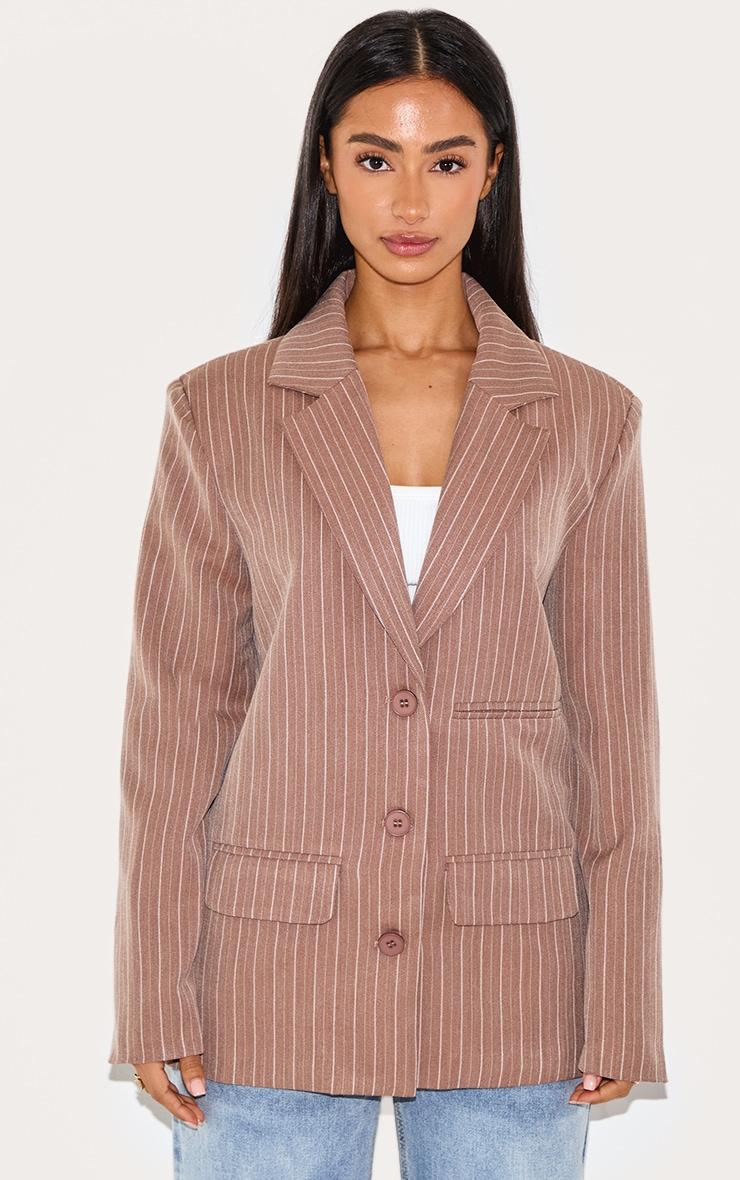 Petite Taupe Woven Pinstripe Oversized Blazer Product Image