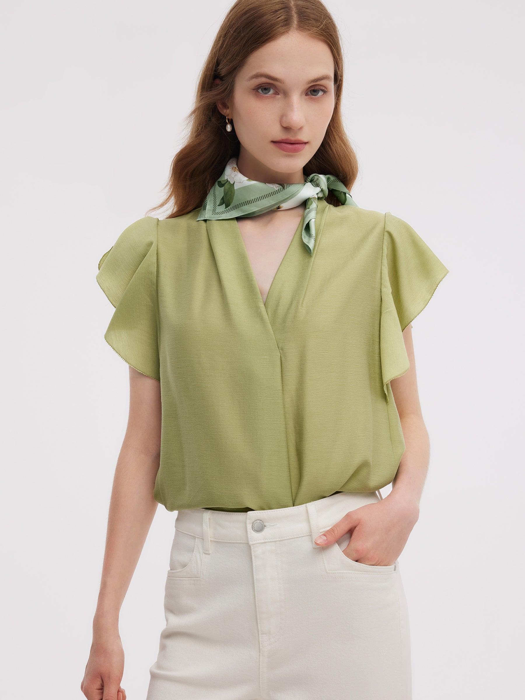 Acetate Blend V-Neck Women Ruffle Sleeve Blouse Product Image