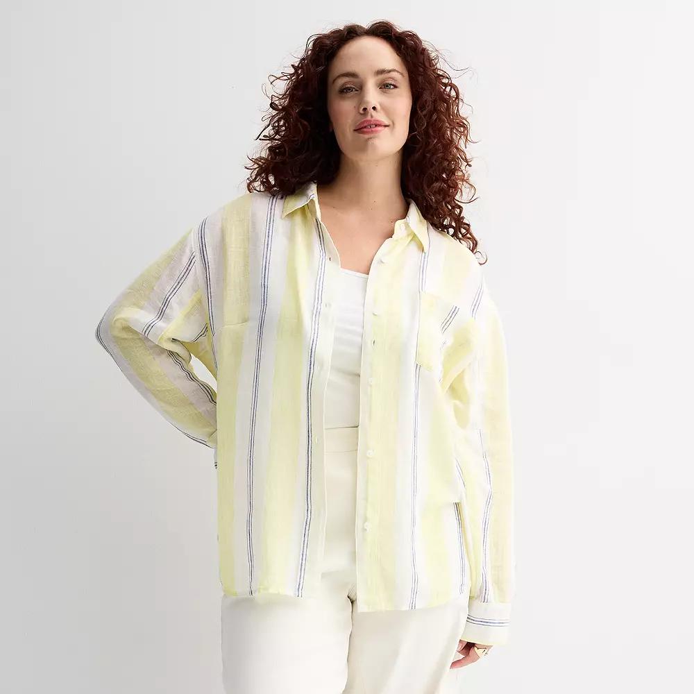 Plus Size Sonoma Goods For Life® Oversized Linen-Blend Boyfriend Shirt, Women's, Size: 4XL, Yellow Blue Stripe Product Image