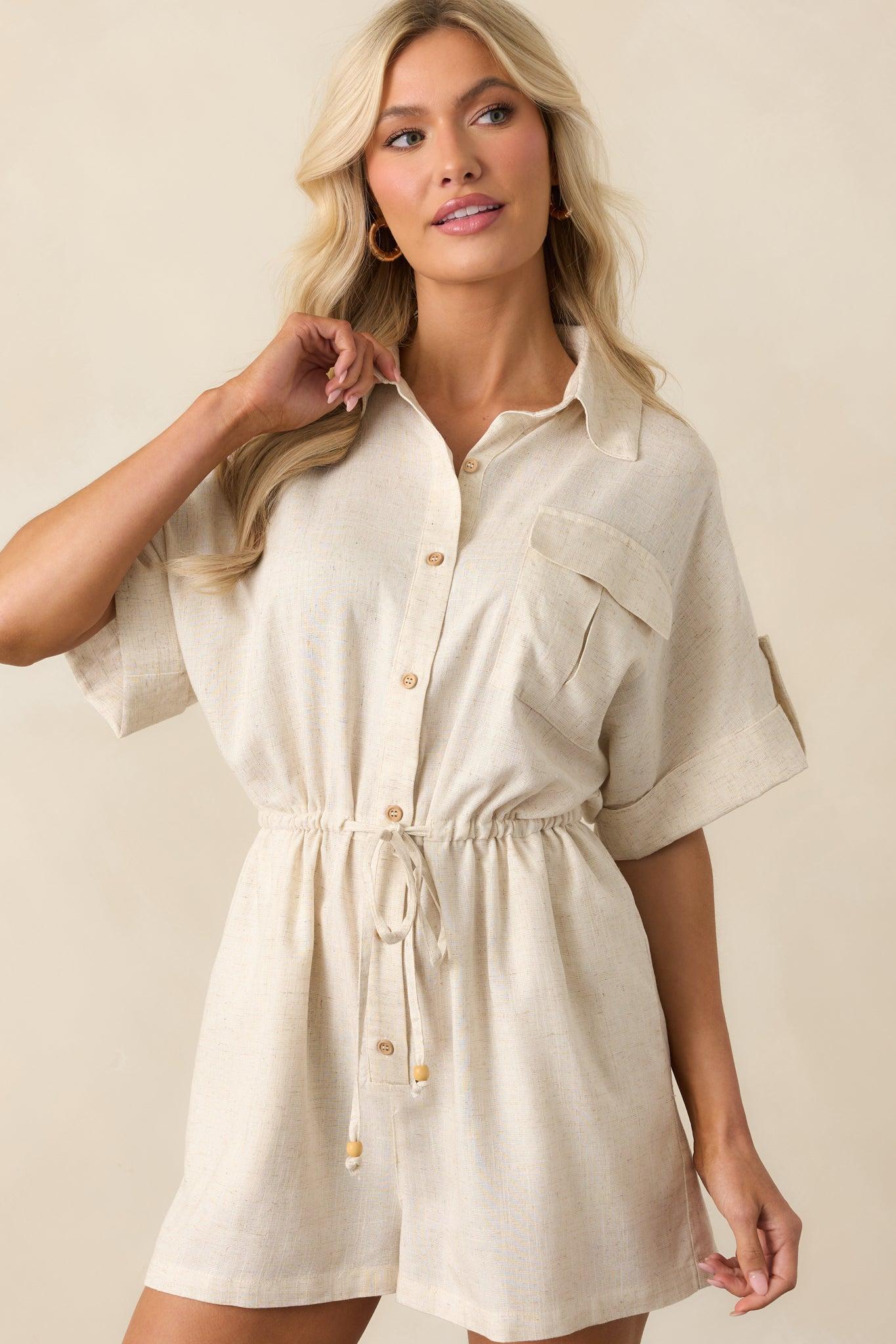Good Things Take Time Beige Linen Blend Button Front Romper Product Image