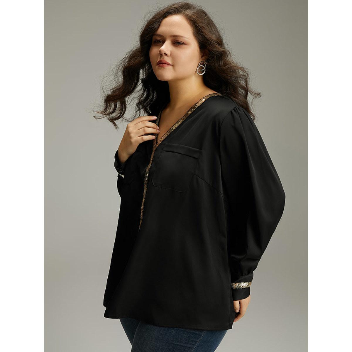 Plus Size Black Sequin Patchwork V Neck Blouse Women Glamour Long Sleeve V-neck Party Blouses BloomChic 28/5X Product Image