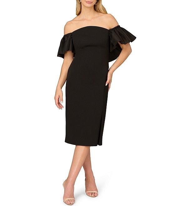 Aidan Mattox Crepe Off-the-Shoulder Neck Ruffle Sleeve Side Slit Dress Product Image