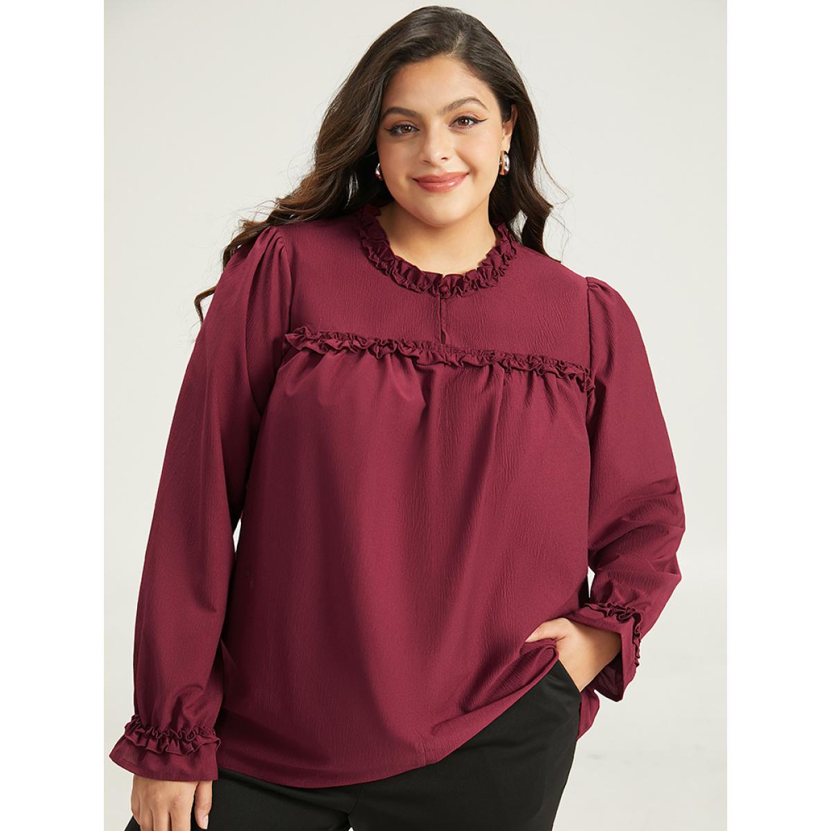 Plus Size Maroon Solid Frill Trim Puff Sleeve Blouse Women Office Long Sleeve Round Neck Office Blouses BloomChic 10/M Product Image
