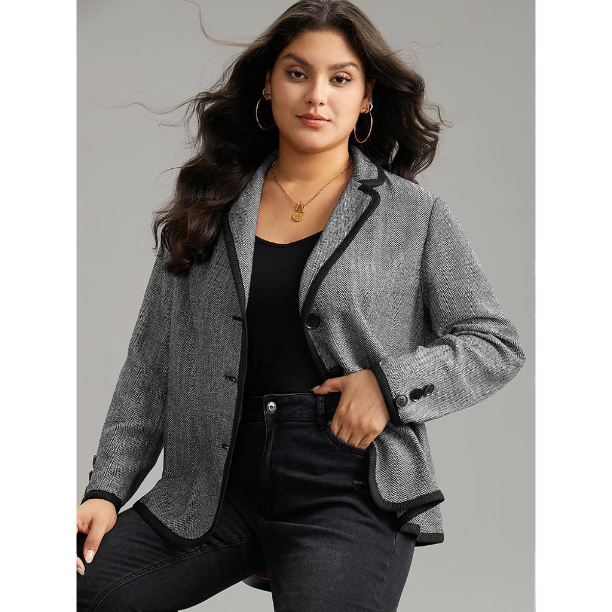 Plus Size Suit Collar Contrast Trim Button Up Blazer DimGray Women Work Plain Texture Sleeve Long Sleeve Suit Collar 14-16/1X At the Office Blazers BloomChic Product Image