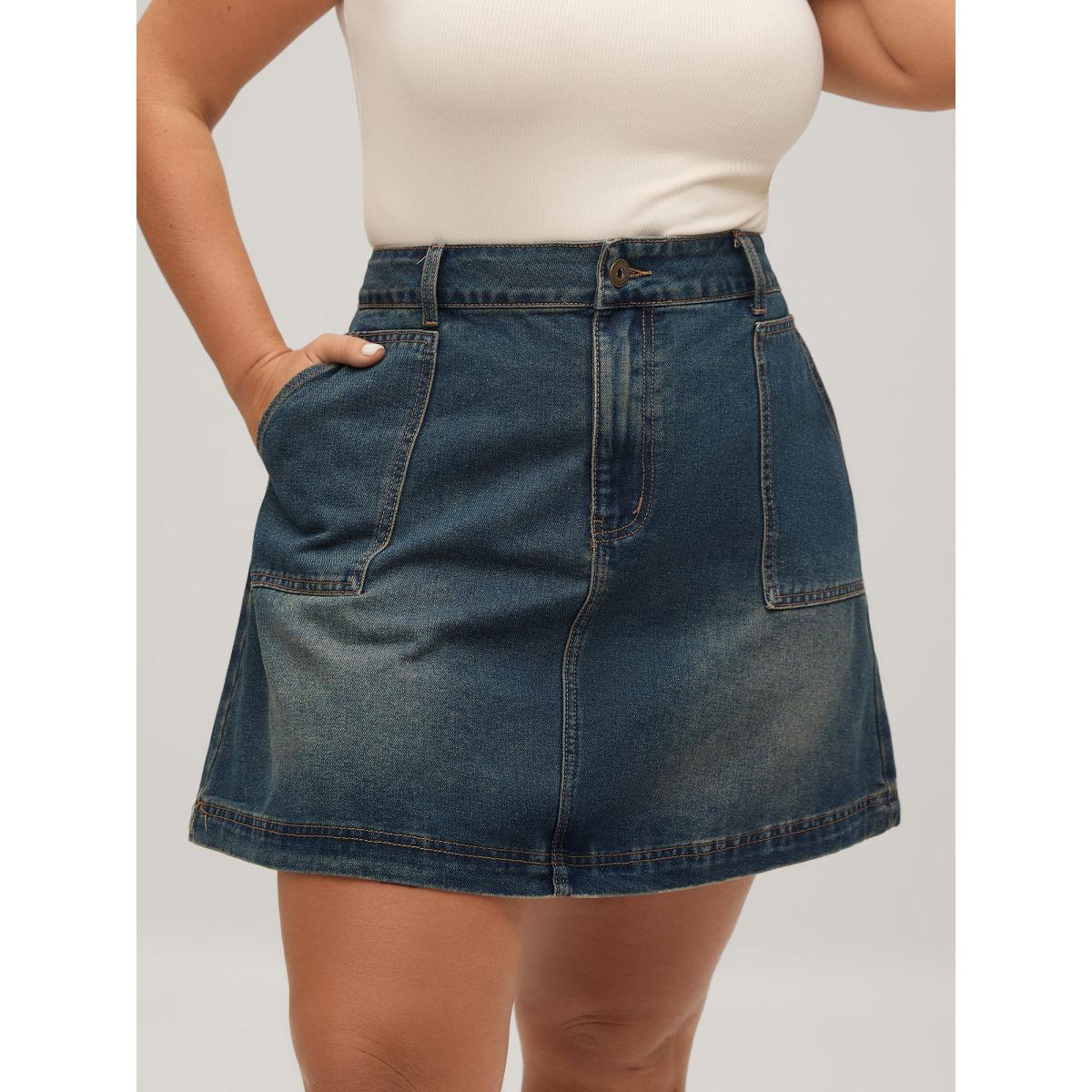 Plus Size A-Line Seamed Denim Skirt Women Bluevintage Everyday-Casual No stretch Medium Wash 16/1X Slanted pocket Denim Skirts BloomChic Product Image