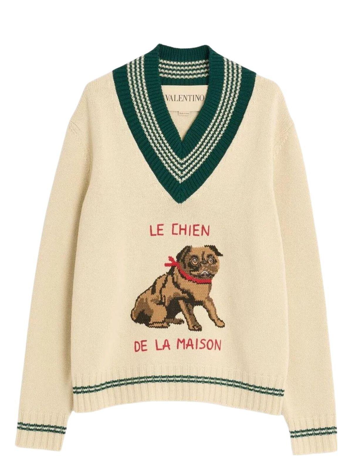 VALENTINO Embroidered V-neck Crewneck Sweater With Ribbed Trim In White Product Image