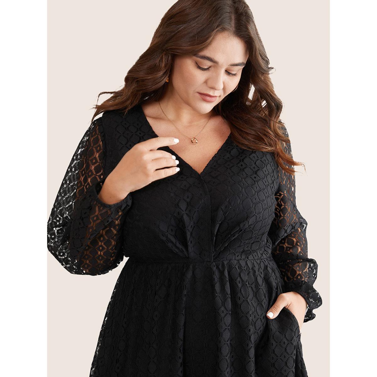 Plus Size Lace Panel Overlap Collar Mesh Dress Black Women Elegant Elastic cuffs Overlap Collar Long Sleeve Curvy Midi Dress BloomChic 28/5X Product Image