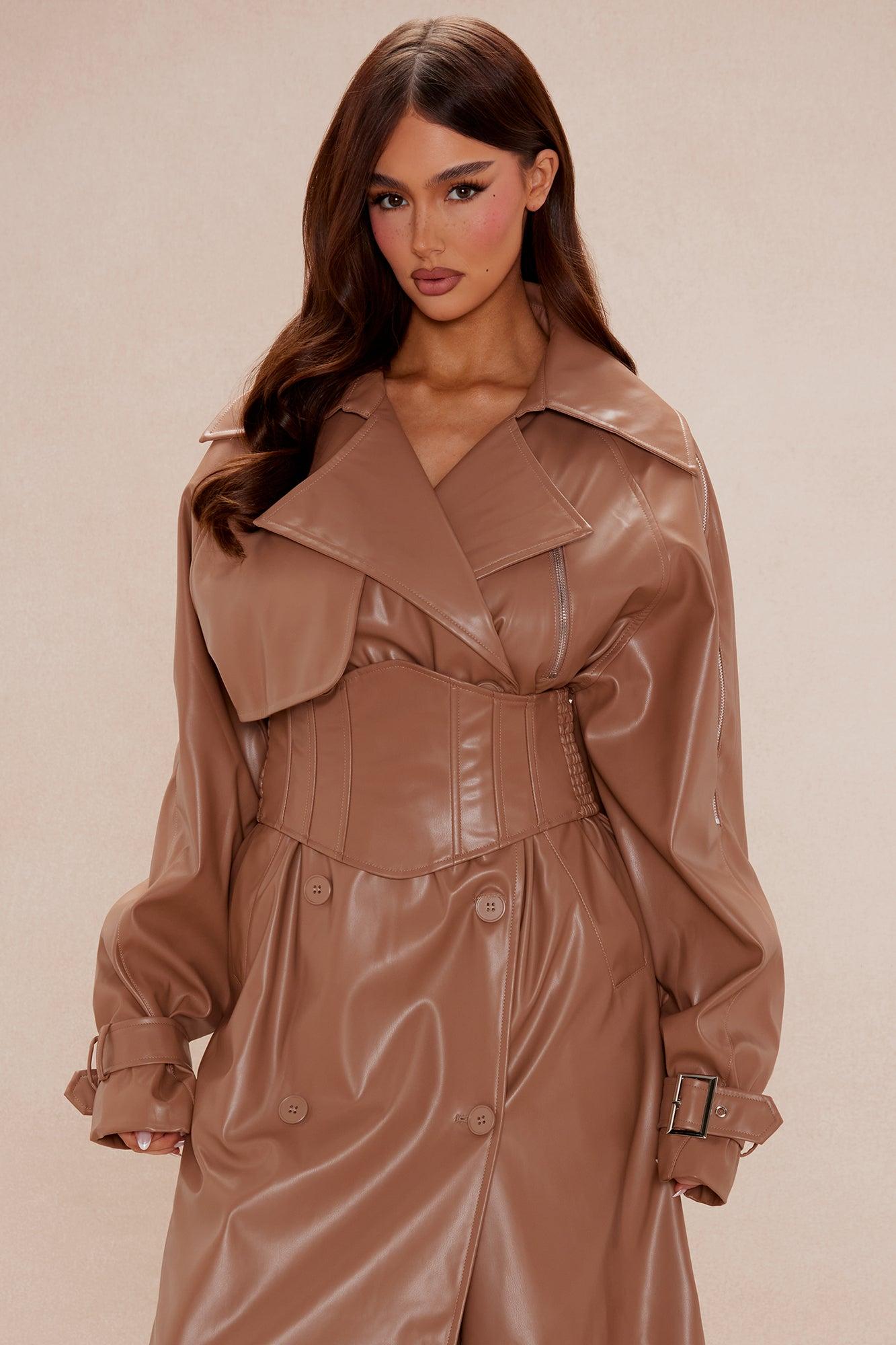 Kendra Faux Leather Trench Coat - Camel Product Image