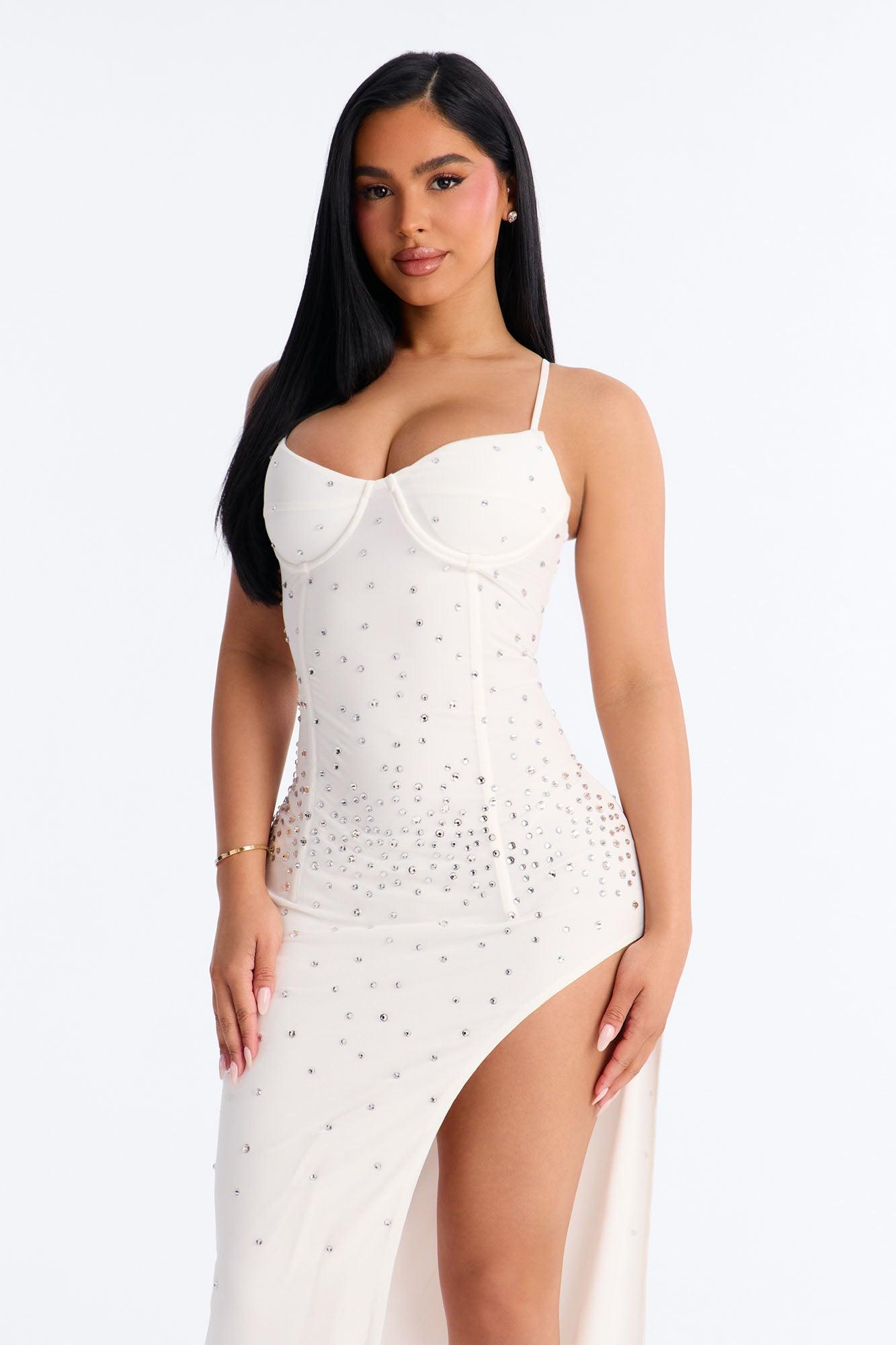 Celina Rhinestone Mesh Maxi Dress - White Female Product Image