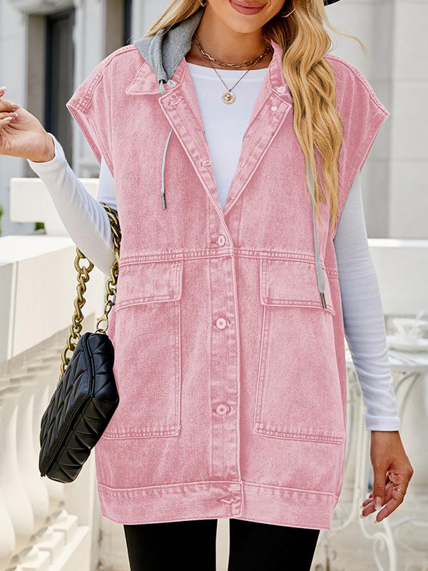 Loose Sleeveless Buttoned Detachable Hooded Pockets Split-Joint Lapel Collar Vest Outerwear Product Image