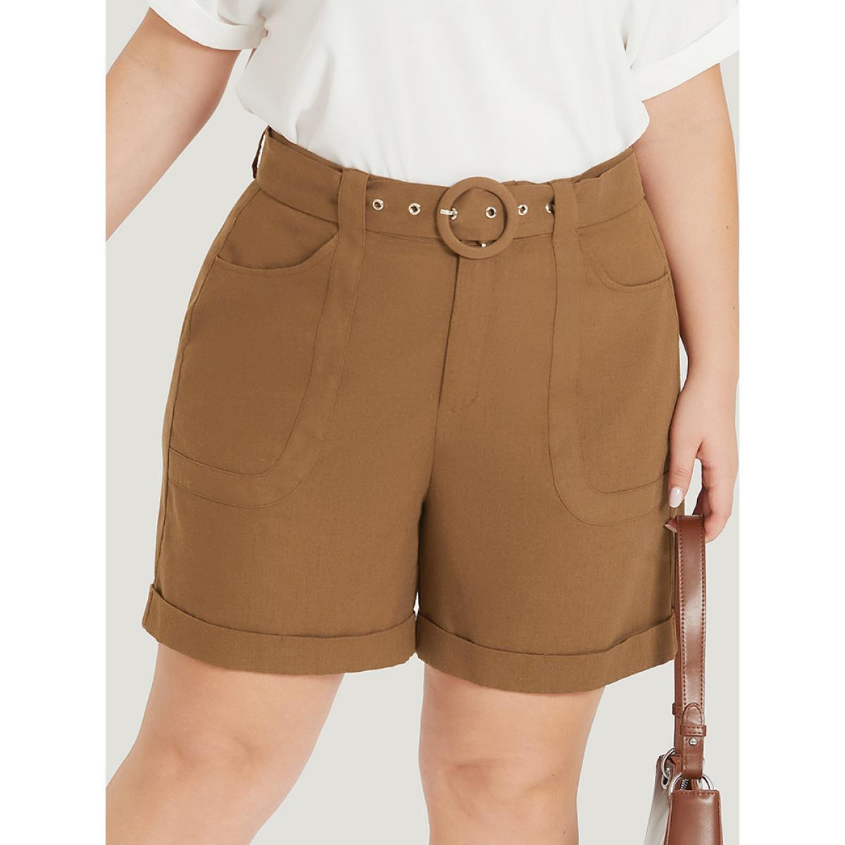 Plus Size Solid Pocket Belted Roll Hem High Rise Shorts Women DarkBrown Office Belted Office Shorts BloomChic 22-24/3X Product Image