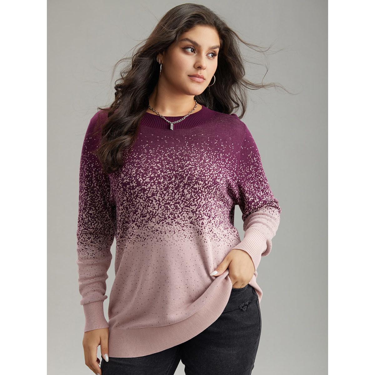 Plus Size Supersoft Essentials Ombre Elastic Cuffs Pullover Purple Women Casual Loose Long Sleeve Round Neck Dailywear Pullovers BloomChic 12/L Product Image
