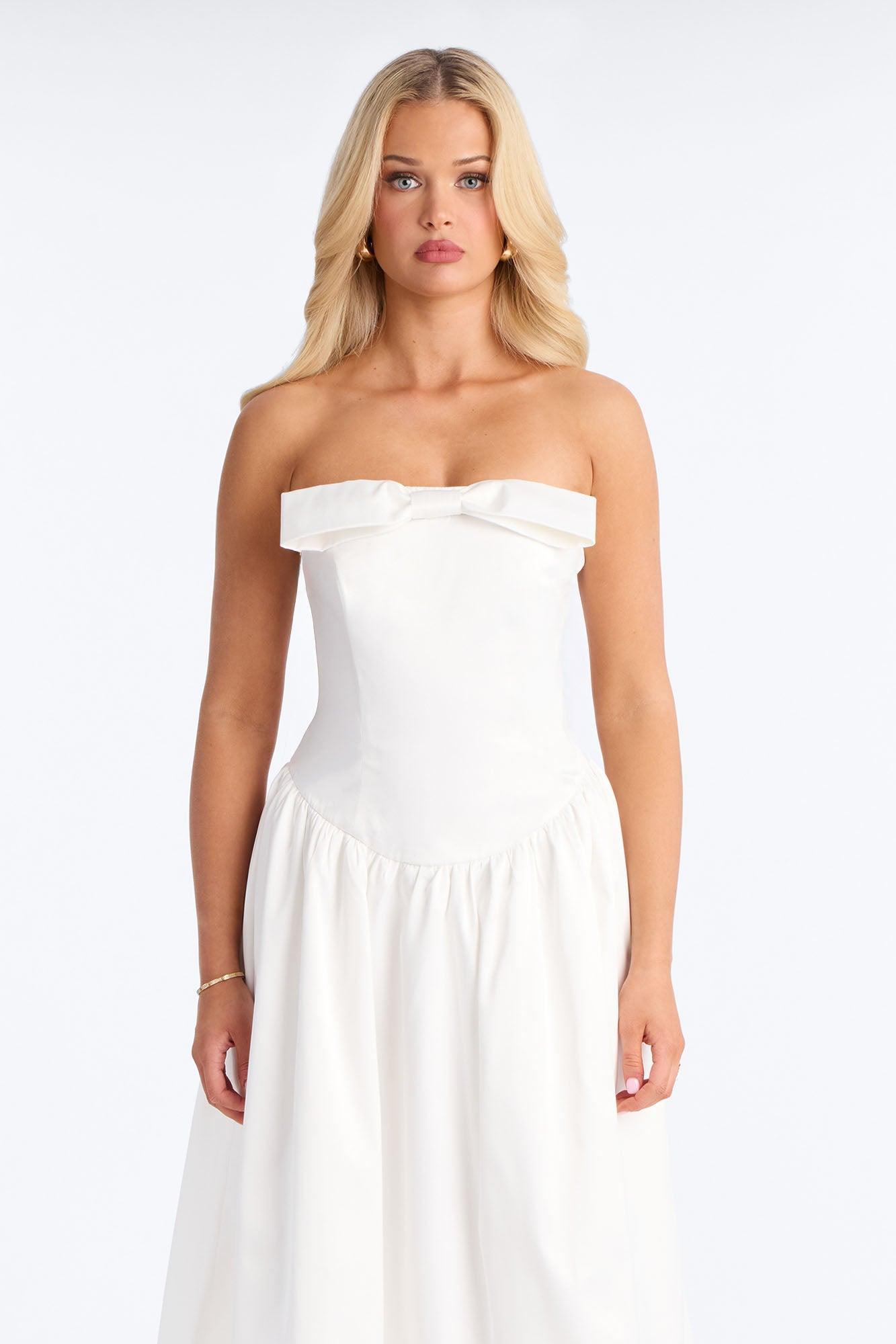 Darling Bow Satin Midi Dress - Off White Female Product Image
