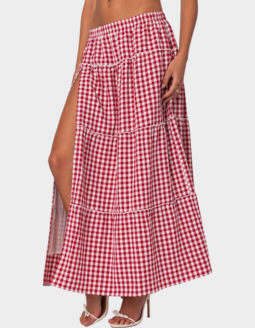 EDIKTED Gingham Side Slit Tiered Maxi Skirt - RED Product Image