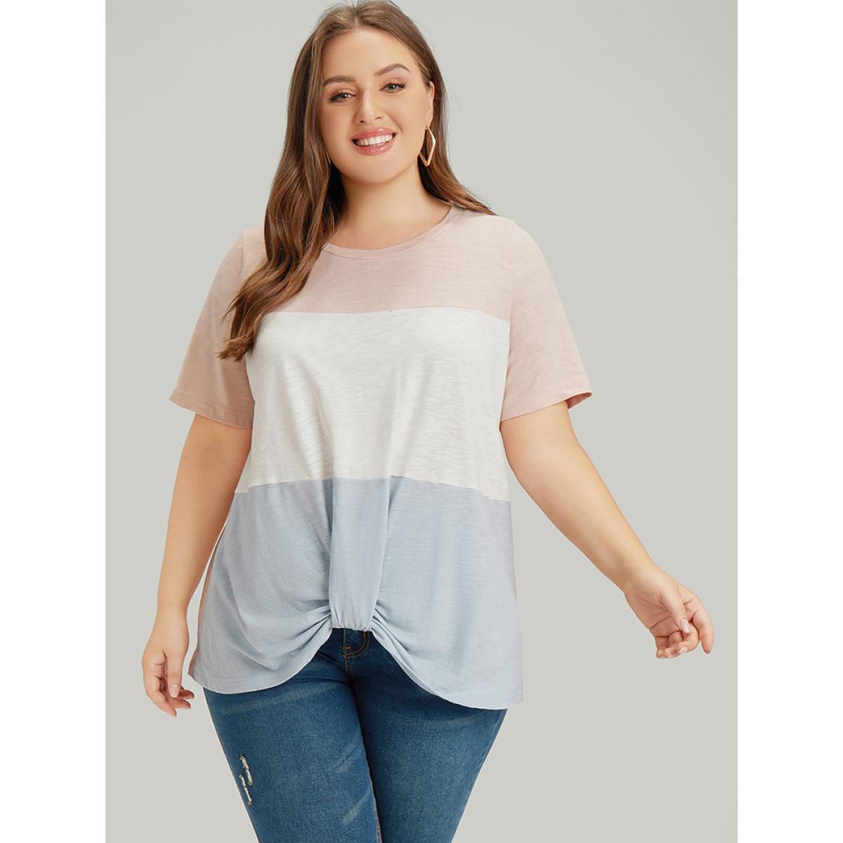 Plus Size Colorblock Contrast Heather Twist Hem T-shirt Multicolor Women Casual Heather Colorblock Round Neck Dailywear T-shirts BloomChic 12/L Product Image