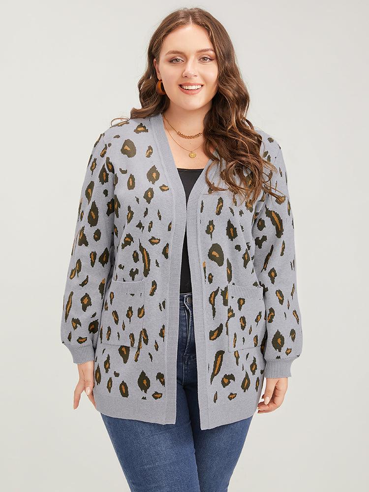 Leopard Super Soft Knit Pocket Jacquard Open Front Cardigan Female Product Image