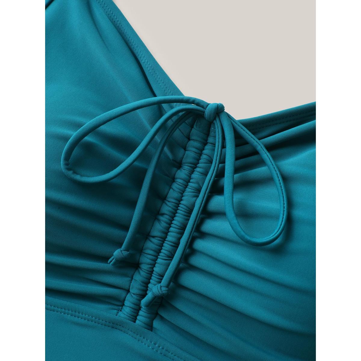 Plus Size Tropical Print Adjustable Drawstring Swim Dress Women's Swimwear Cyan Resort Bodycon Heart neckline High stretch Curve Swim Dresses BloomChic 18-20/2X Product Image