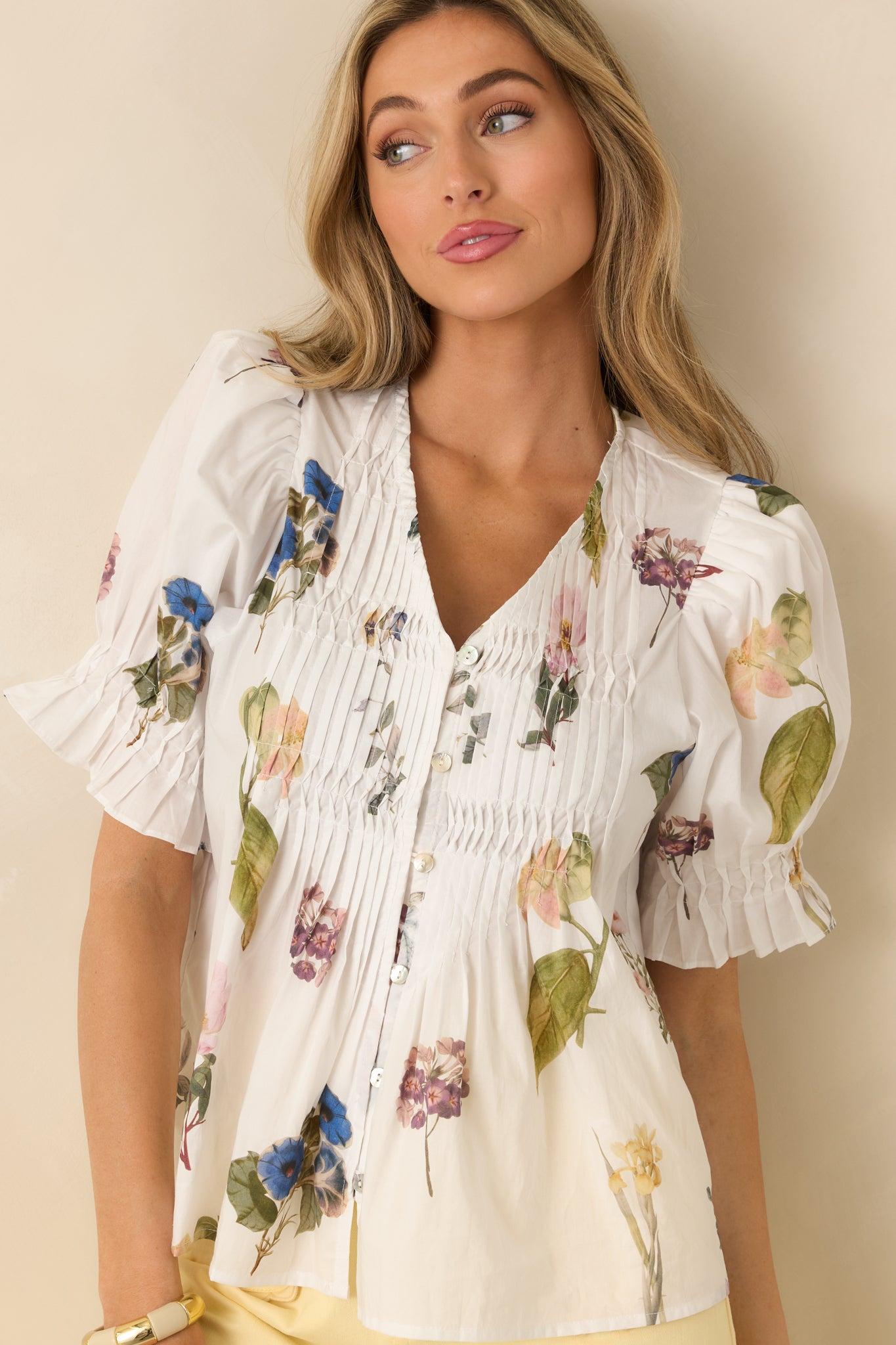 Just Add Flowers Ivory Multi Floral Print Pintuck Puff Sleeve Blouse Product Image