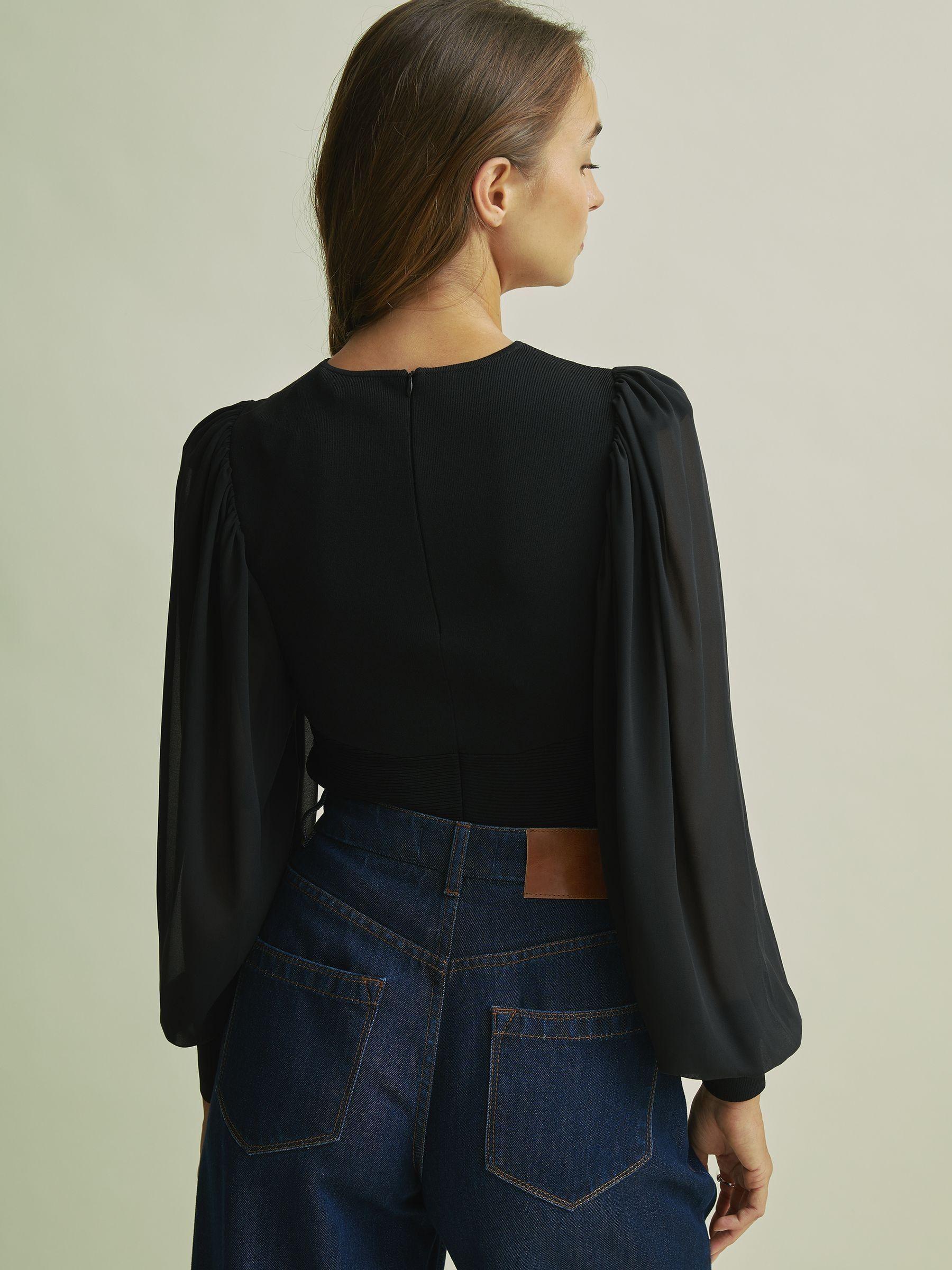 Florere Hybrid Knit Sheer Sleeve Black Top in Black Product Image