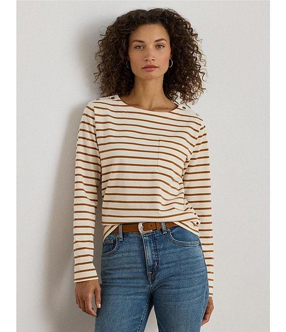 Lauren Ralph Lauren Stripe Jersey Knit Snap Trim Boatneck Top Product Image