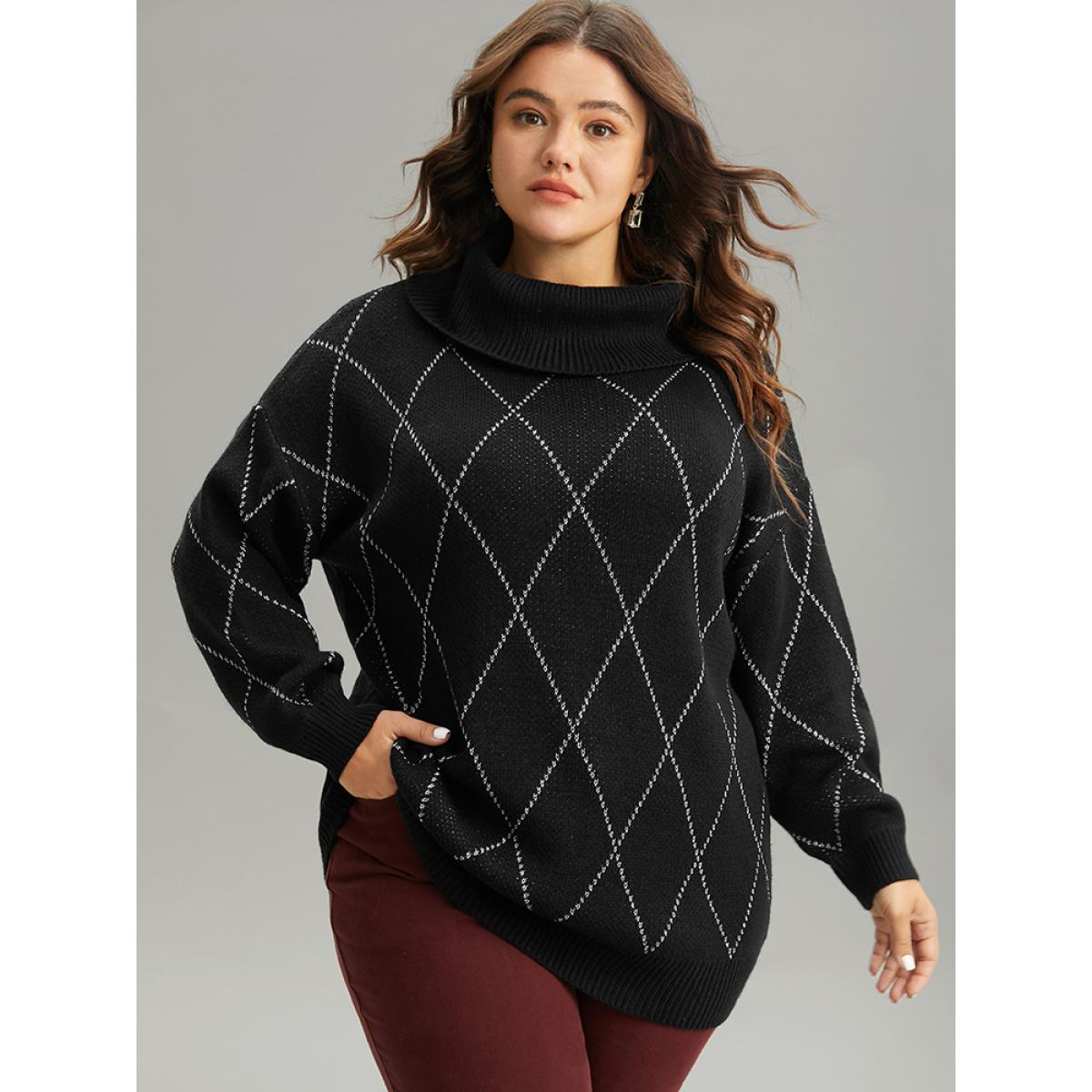 Plus Size Plaid Luxe Contrast Turtleneck Pullover Black Women Casual Loose Long Sleeve Turtleneck Dailywear Pullovers BloomChic 22-24/3X Product Image