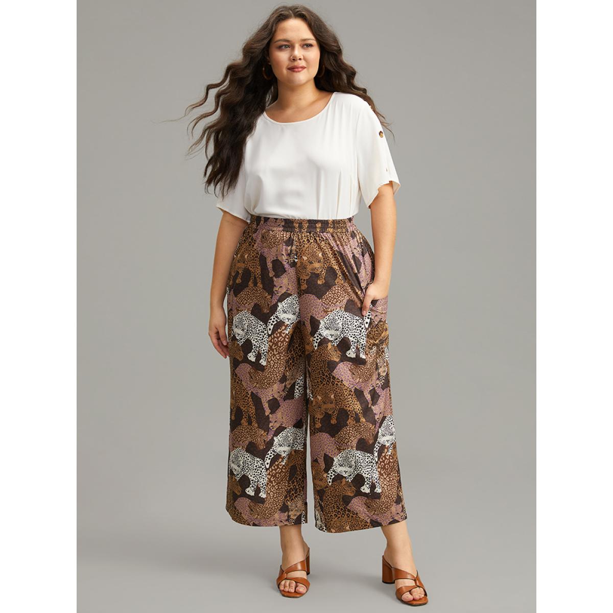 Plus Size Leopard Print Elastic Waist Straight Leg Pants Women Multicolor Casual Wide Leg High Rise Dailywear Pants BloomChic 22-24/3X Product Image