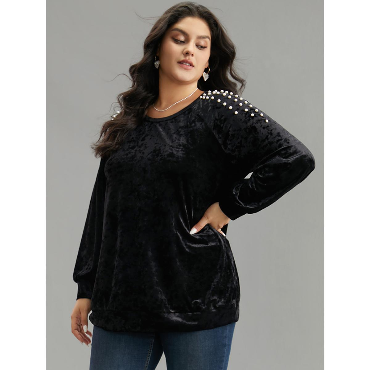 Plus Size Solid Velvet Pearl Beaded Raglan Sleeve Sweatshirt Women Black Elegant Elastic cuffs Round Neck Dailywear Sweatshirts BloomChic 18-20/2X Product Image