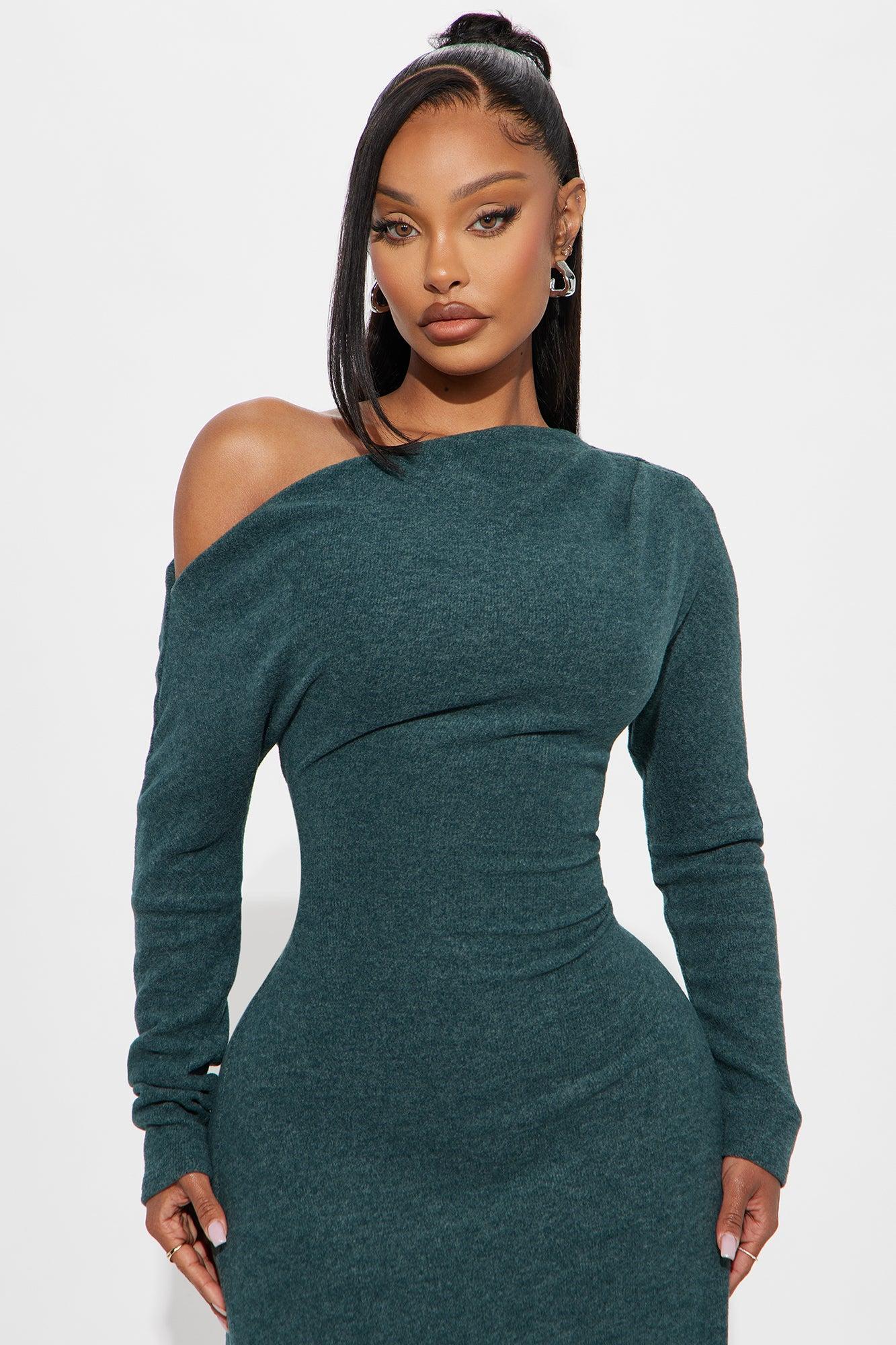 Stay Cozy One Shoulder Midi Dress - Hunter Product Image