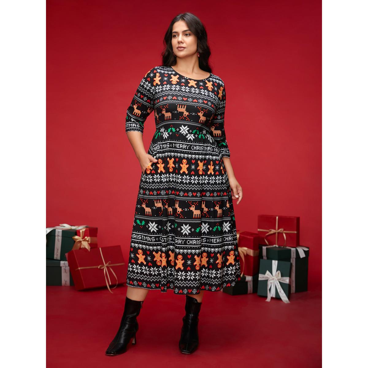 Plus Size Holiday Printed Fit-and-Flare Silhouette Midi Dress BlackFlower Women Casual Non Round Neck Elbow-length sleeve Curvy BloomChic 12/L Product Image