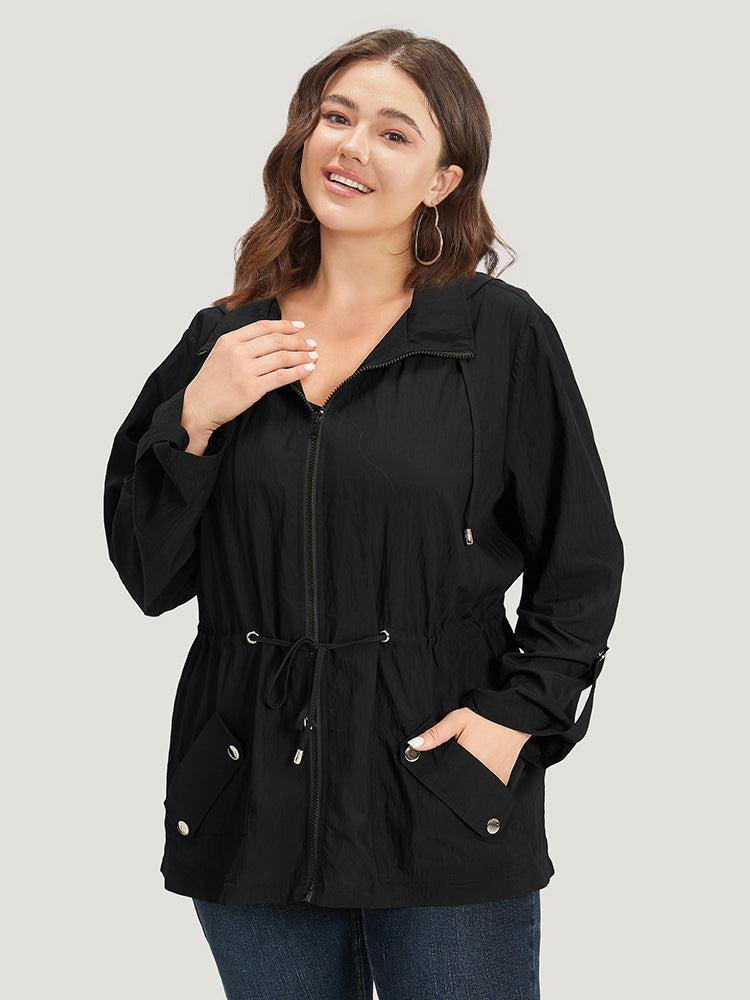 Plain Hooded Zipper Drawstring Tab Sleeve Coat Female Product Image