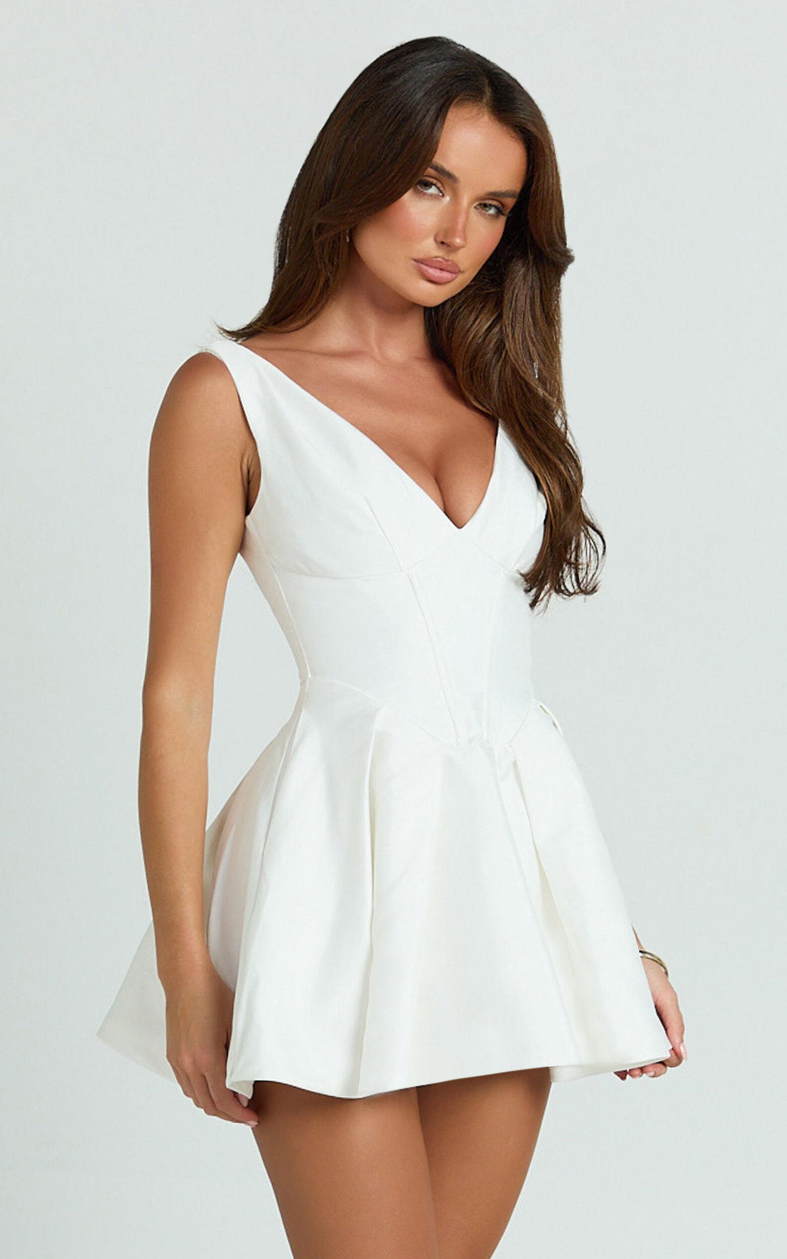 Yara Mini Dress - Plunge Corset Front V Waist Fit And Flare Dress in White Product Image