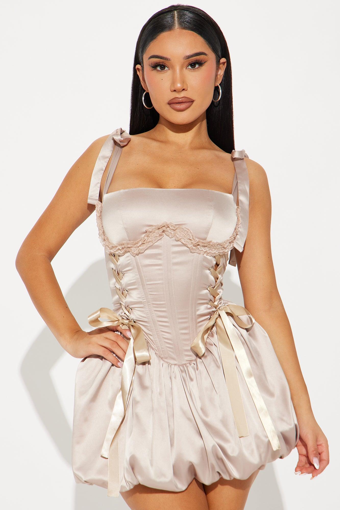 Fair Lady Satin Bubble Mini Dress - Mocha Product Image