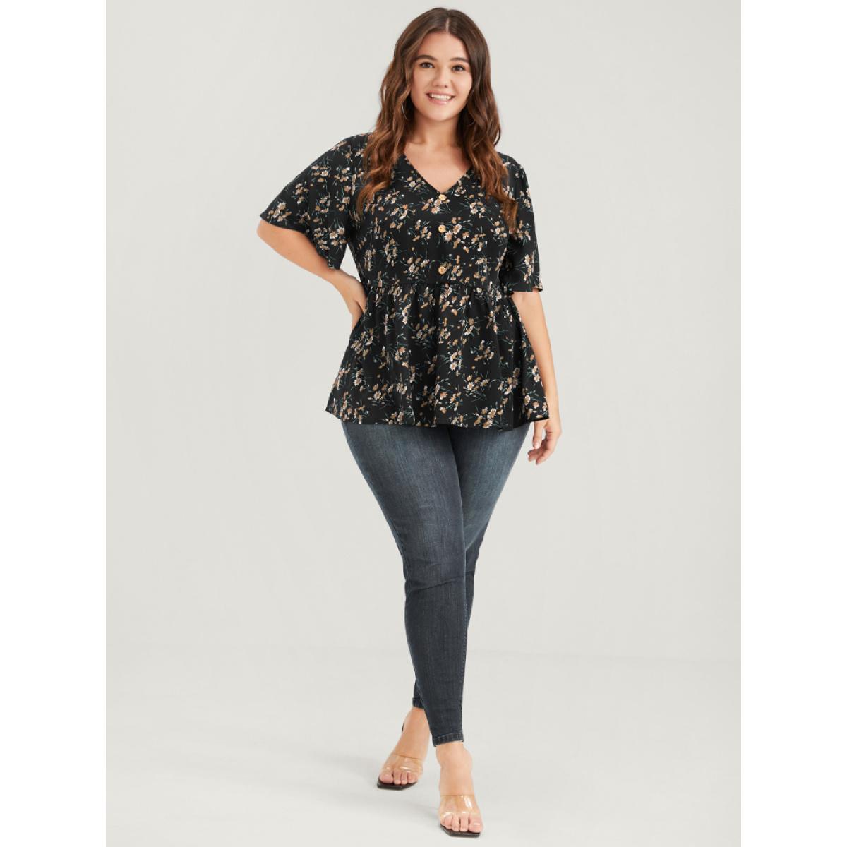 Plus Size Black Floral Elastic Waist V Neck Button Ruffles Blouse Women Elegant Half Sleeve V-neck Dailywear Blouses BloomChic 14-16/1X Product Image