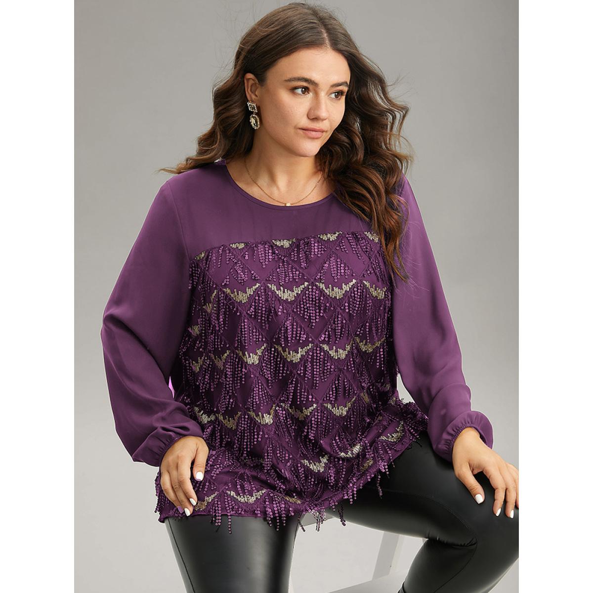 Plus Size Purple Sequin Tassel Trim Patchwork Lantern Sleeve Blouse Women Glamour Long Sleeve Round Neck Party Blouses BloomChic 14-16/1X Product Image