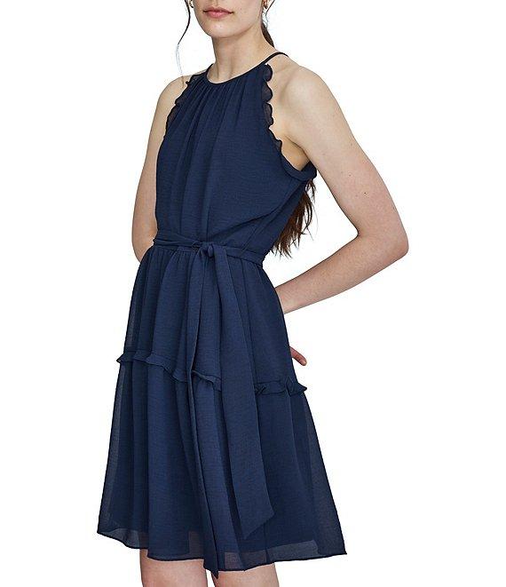 DKNY by Donna Karan Halter Neck Sleeveless Ruffle Tie Belt Mini Dress Product Image