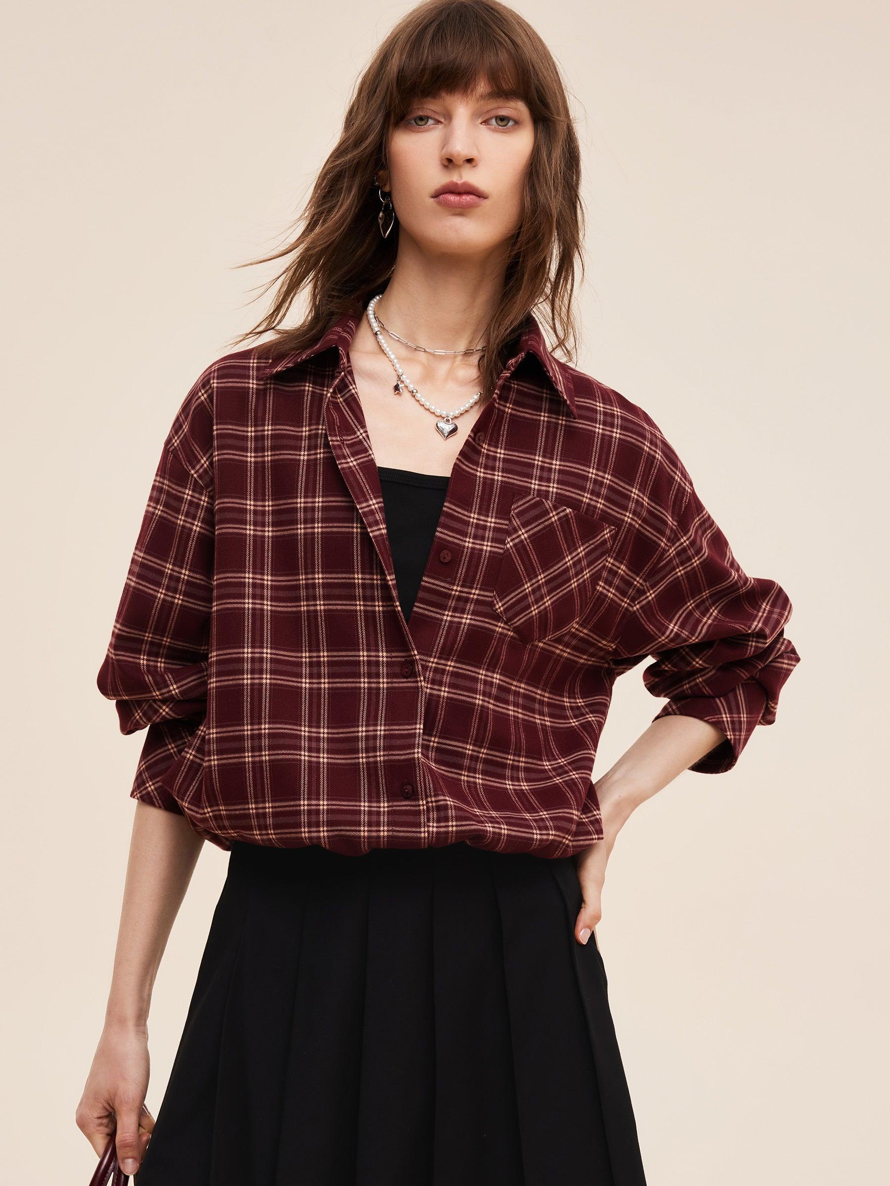 Mock Layered Plaid Women Long Sleeve Shirt Product Image