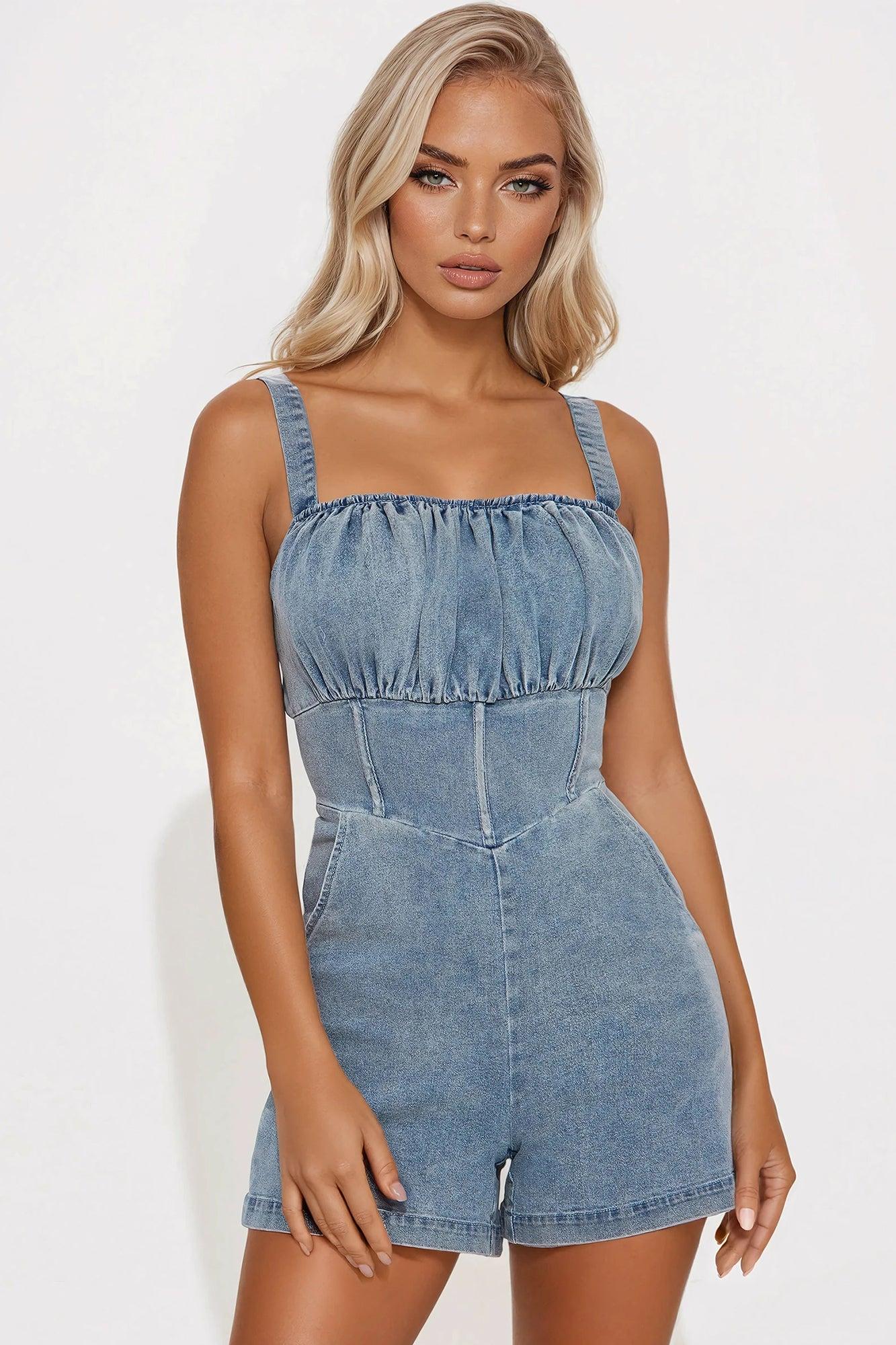 Very Cutesy Denim Romper - Medium Wash Product Image