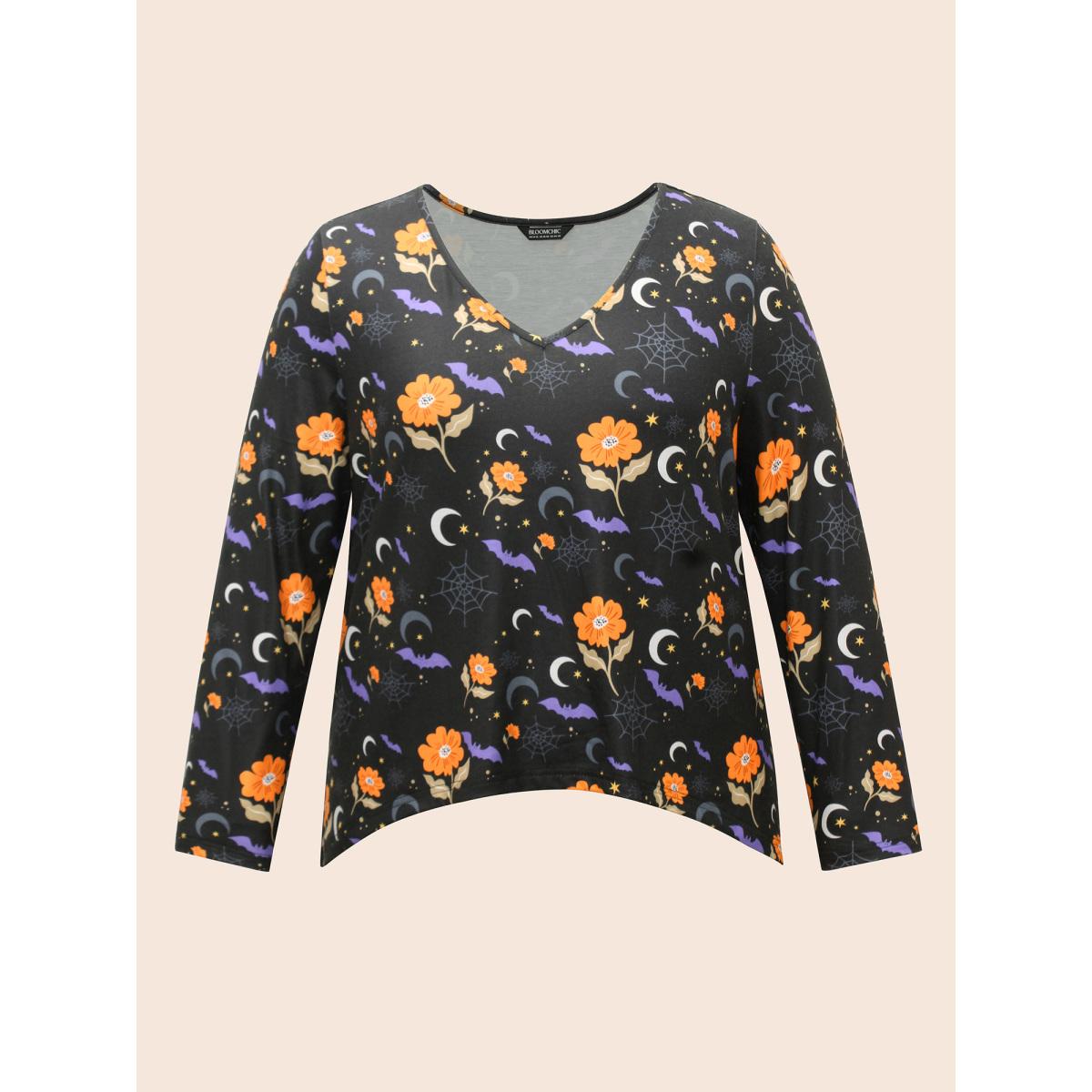 Plus Size Floral Knit V-Neck Halloween T-shirt Black Women Casual Non Halloween V-neck Everyday T-shirts BloomChic 22-24/3X Product Image